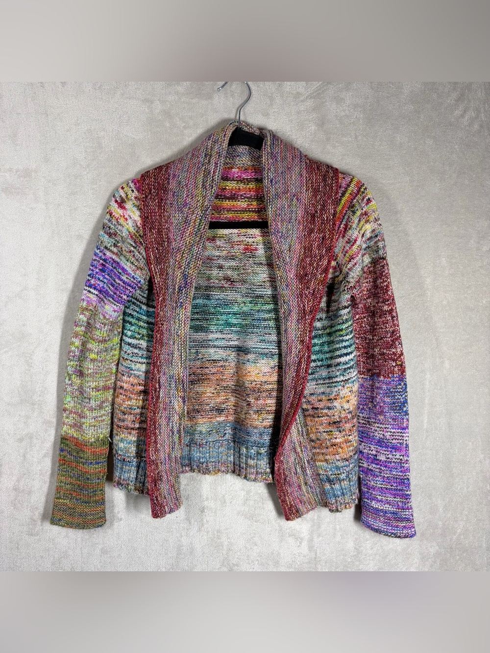 Hand-knit Multicolored Open-front Cardigan Sweater Size S Rainbow Gradient